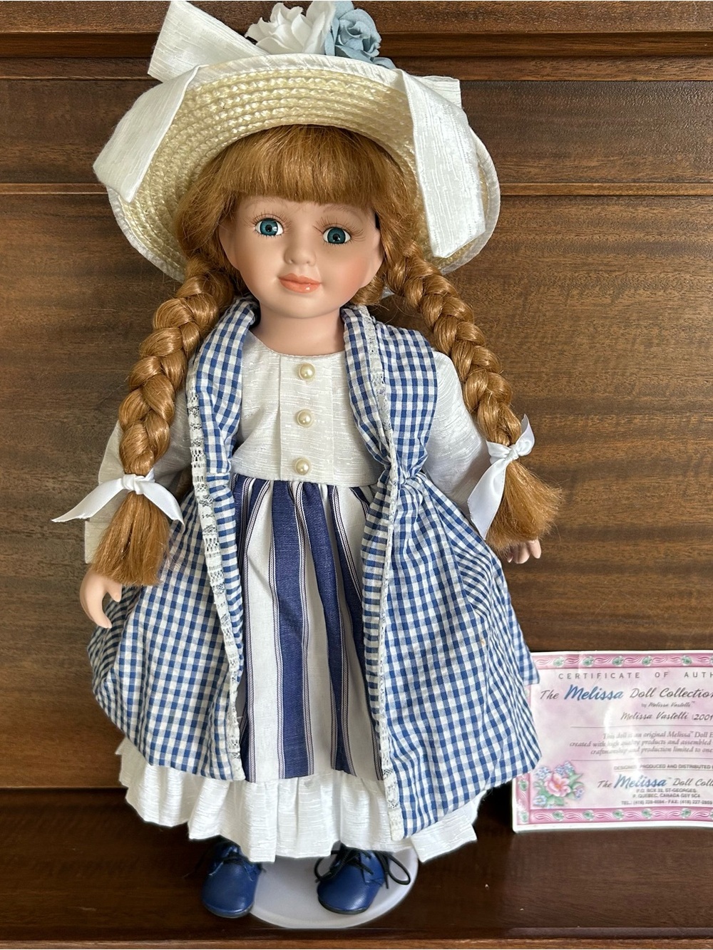 2001 Melissa Collection Porcelain Doll Gingham Blue & White Dress with Straw Hat